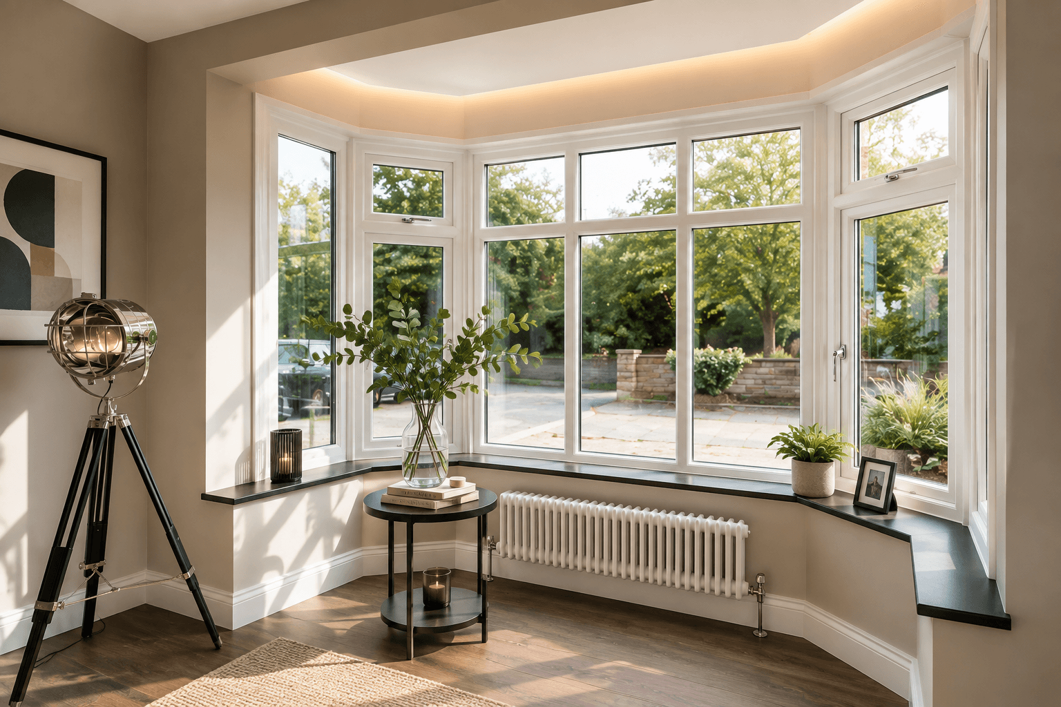 Bright room with wide white replacement windows overlooking a garden